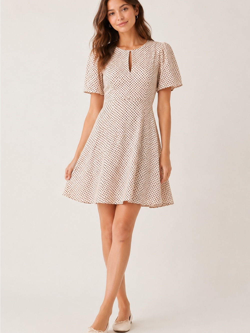 H&M Cream Black Polka Dot Mini Dress Size 4 Puff Sleeve A-Line